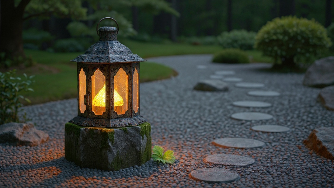 A lit lantern on a moss-covered stone in a raked gravel garden at dusk.